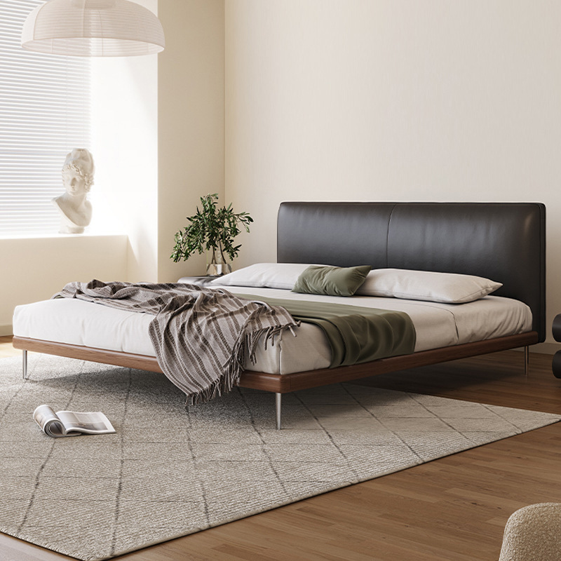 Cama de cuero minimalista italiana, cama negra delgada, cama de madera maciza retro, cama de madera blanda moderna, cama de tofu delgada