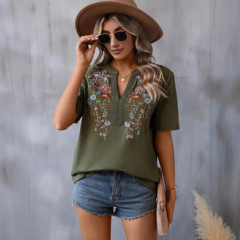 2026 European and American Amazon Cross-Border Summer New Fashion Multi-Thread Embroidery Patchwork Lace Top Women's T-Shirt 2026 European and American Amazon Cross-Border Summer New Fashion Multi-Thread Embroidery Patchwork Lace Top Women's T-Shirt