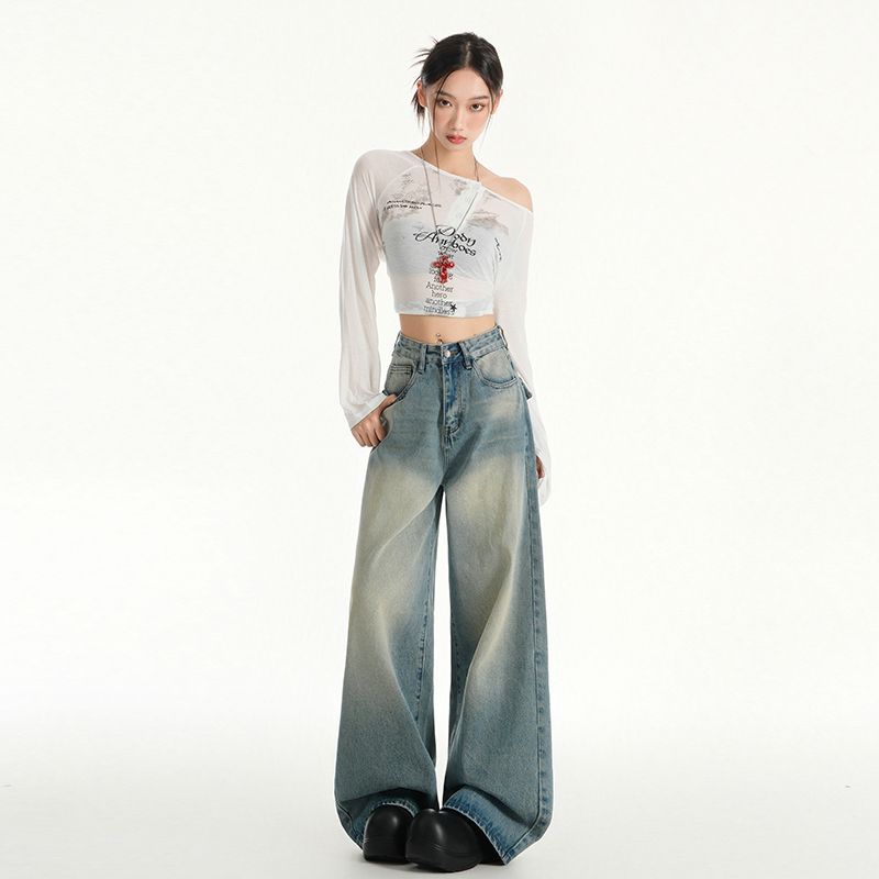 Pocket style retro washing and old wide-leg pants for women with high waist slim loose jeans long spring long floor pants