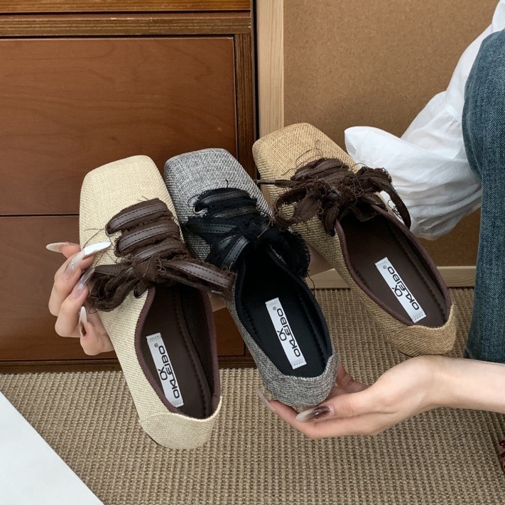 法式小众设计方头蕾丝花边单鞋女2025新款系带甜美平底玛丽珍女鞋|undefined