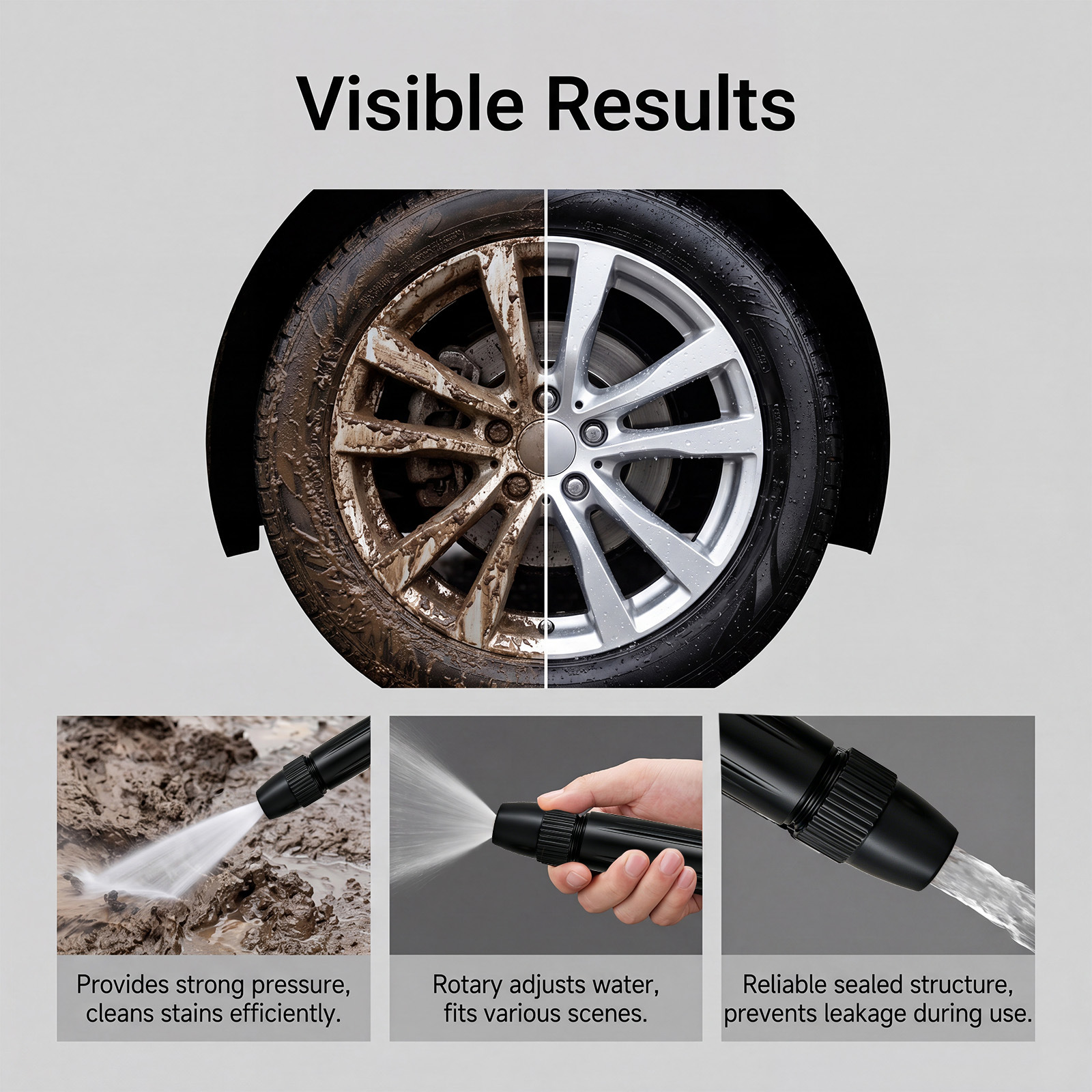 High-pressure car wash gun: features adjustable, rotating nozzles that allow for various spray patterns, providing a powerful water stream to effectively wash and clean dirt from the car body