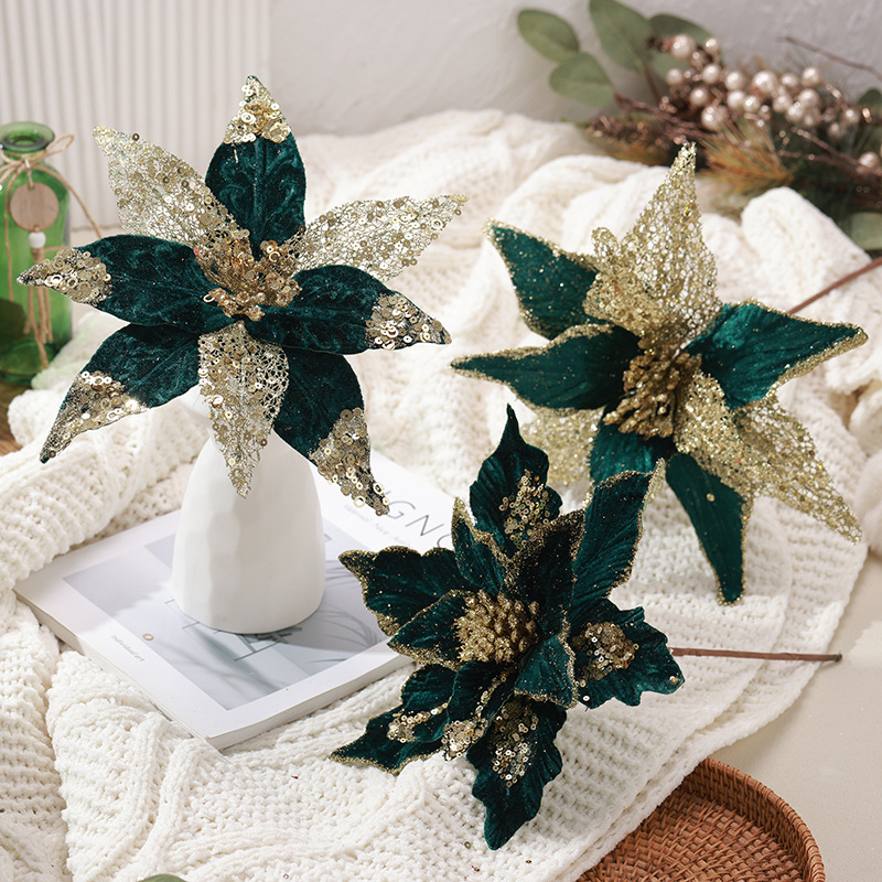 Nuevos productos transfronterizos de simulación de flores de Navidad hechas a mano polen de polen brillante sequilla de 30cm tela verde de vello flores de Navidad decoraciones de Navidad
