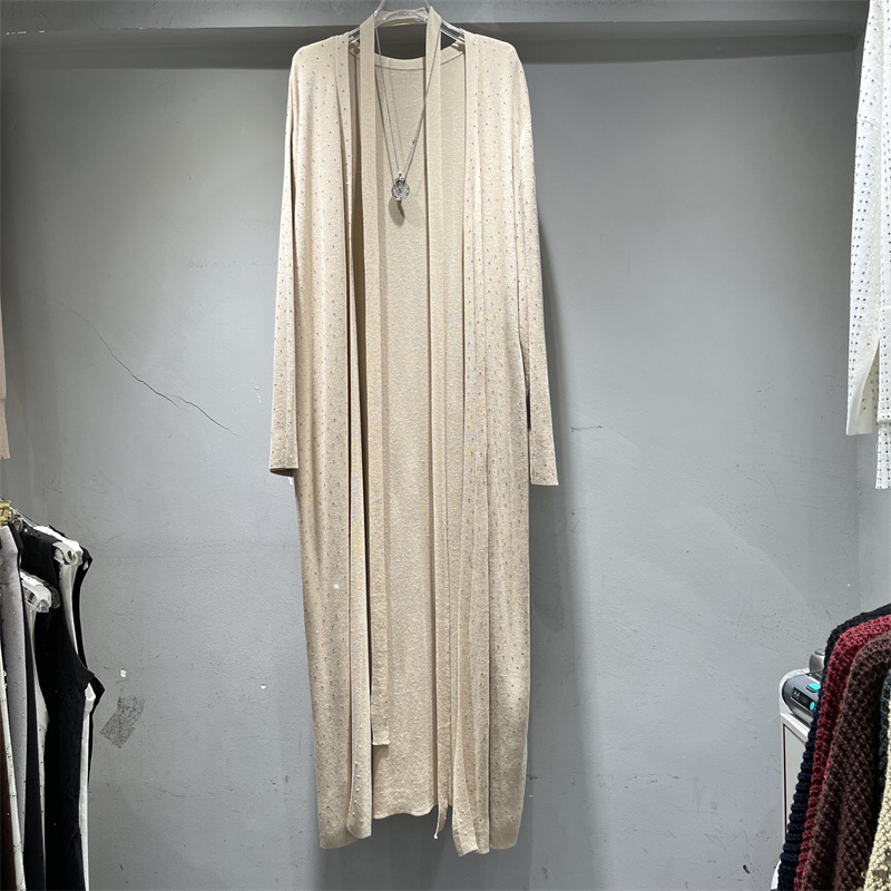 Extra Long Heavy-Duty Hot-Drilled Knitted Cardigan for Women 2025 Autumn New Style Lazy Style Over-The-Knee Lace-Up Waist Slimming Look Top