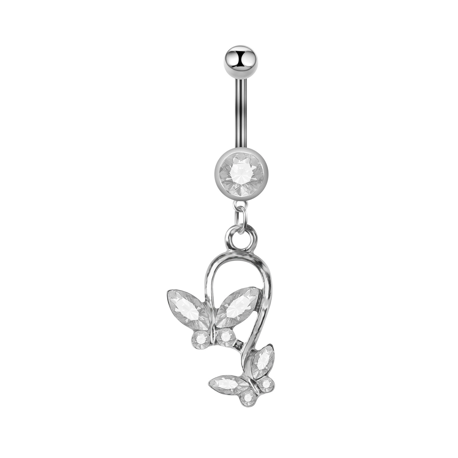 Belly Button Ring, Butterfly Dangle, 316L Surgical Steel Bar, 1.6×11 mm, Crystal Inlay