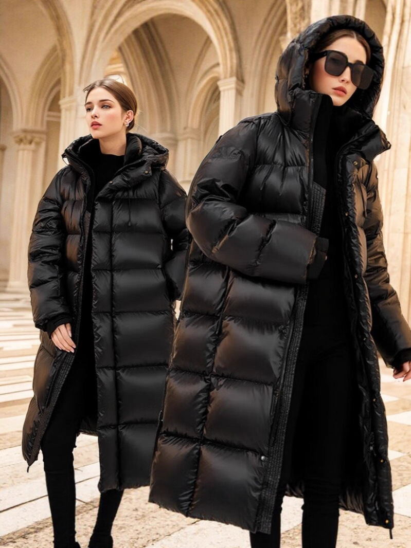 Pinghu abajo chaqueta mujer invierno mujer alta sensación media larga nuevo estilo negro oro coreano chaqueta de pato con capucha HD