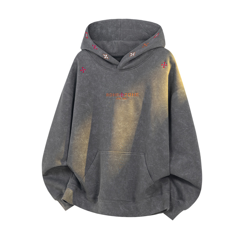 American High Street Design Embroidered Hooded Pullover Sweatshirt For Men, Spring Trendy Brand Cleanfit Sand-washed_voghion.com