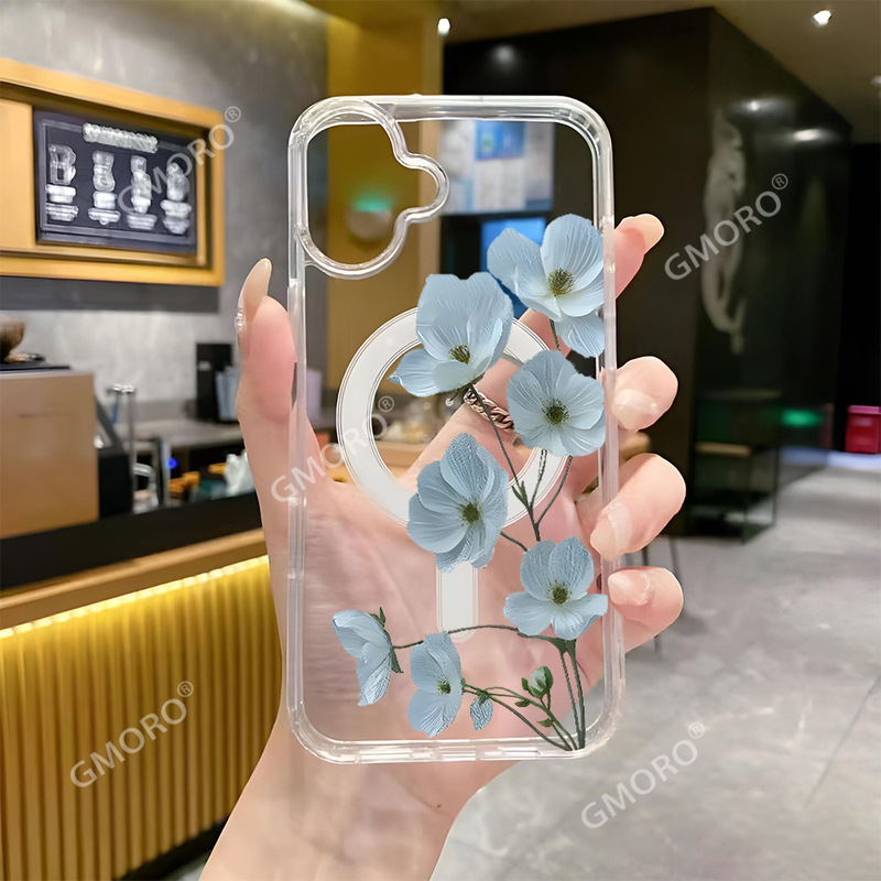 Amazon's New Blue Floral Phone Case Suitable for iPhone 17, Fresh and Stylish Design, Transparent Magnetic Case for Apple 16Pm