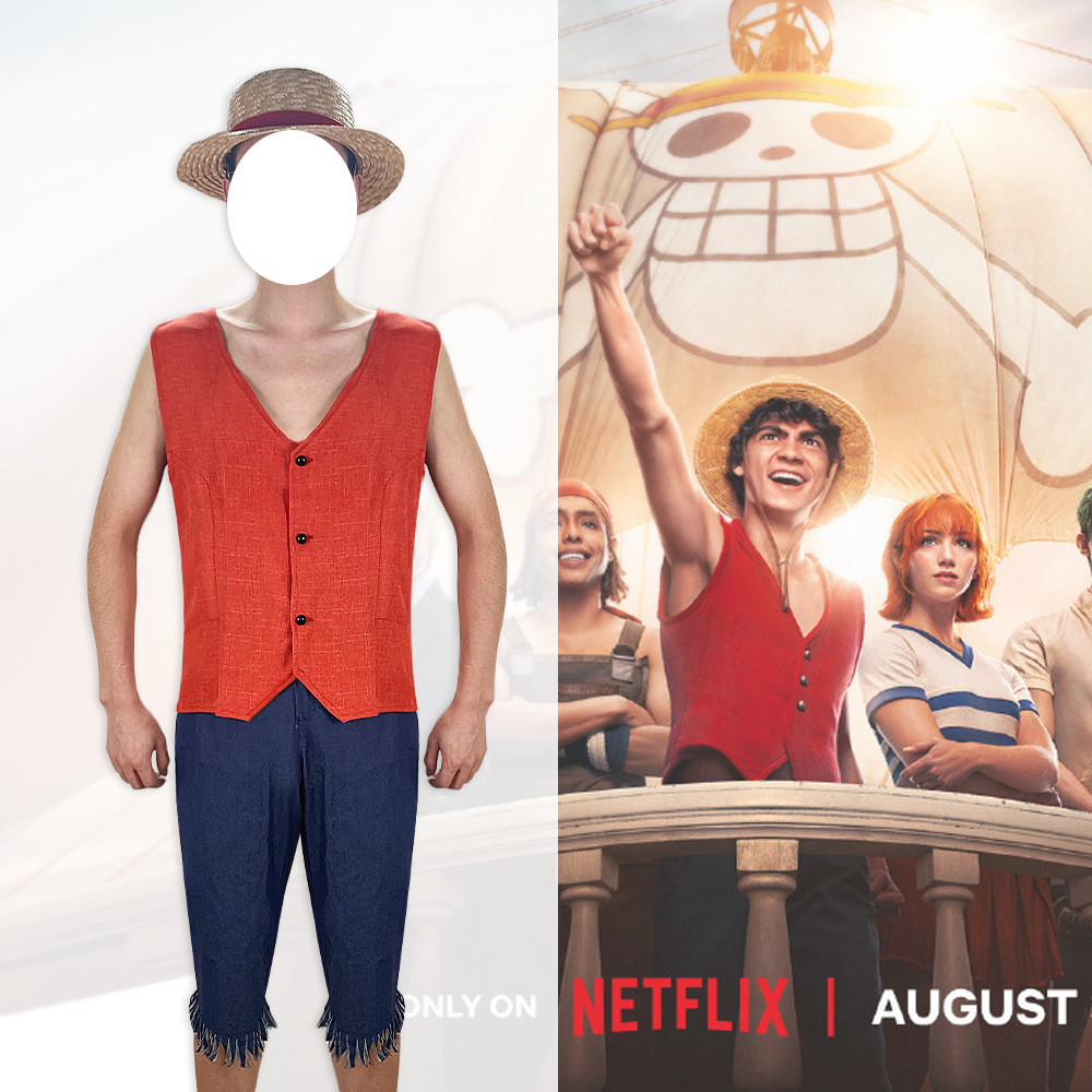 New live-action One Piece Luffy cosplay outfit, matching vest and straw hat, for Halloween.