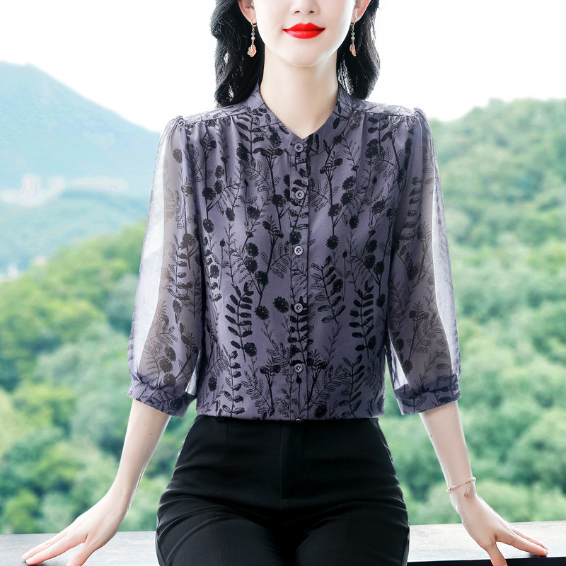 Brand Fashion Women's Silk Shirt Thin Middle-Aged Mom Blouse Chiffon Loose Shirt Comfortable Turn-Down Collar Top