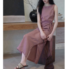 100亜麻丸襟ノースリーブワンピース女性ストラップ