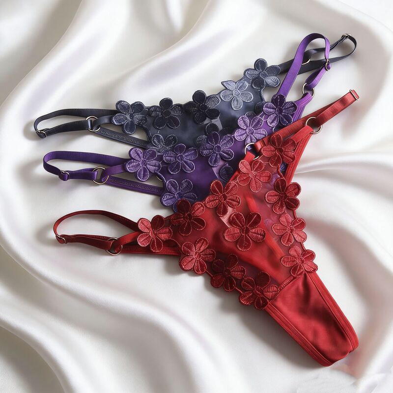 Adjustable Belt Embroidered Thong, Sexy and Alluring Lingerie for Women, Available in Multiple Styles