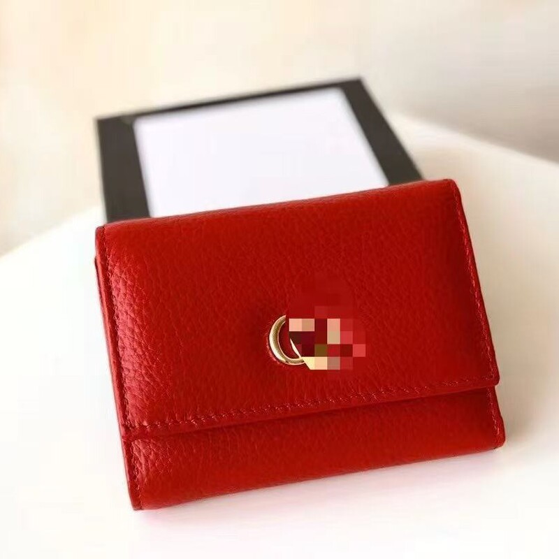 In-Stock Gg Genuine Leather Wallet Short Style Coin Purse Solid Color Simple Folding Women's Wallet Trendy Texture Export