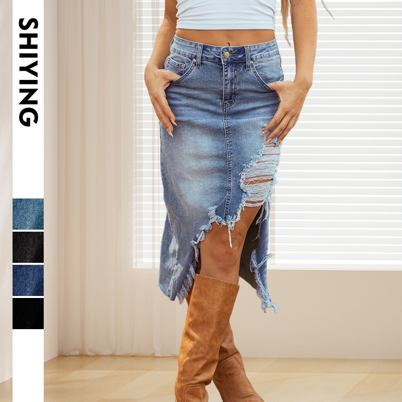 Trendy European and American Cross-Border Solid Color Pocket Denim Skirt Loose High-Waisted Long Skirt European and American Cross-Border Women's New Fashion