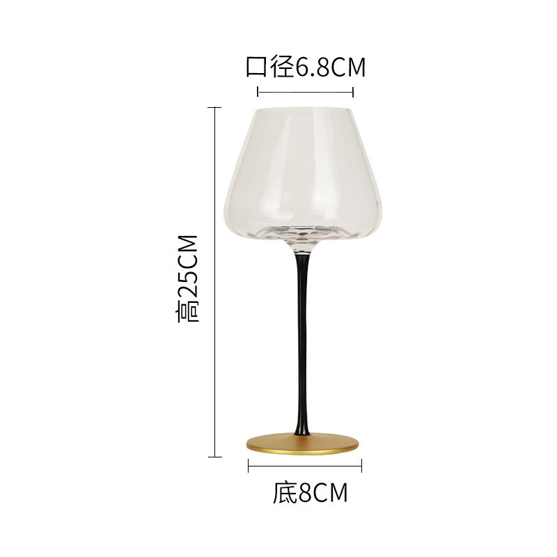 Taza de vino de borgoña moderna simple, taza de vino de estómago grande, vidrio de cristal de lujo ligero, barra negra, fondo de oro, taza de pie alto