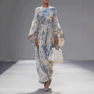 2025欧美女装 亚马逊 数码印花法式高腰修身长款长袖喇叭袖连衣裙
