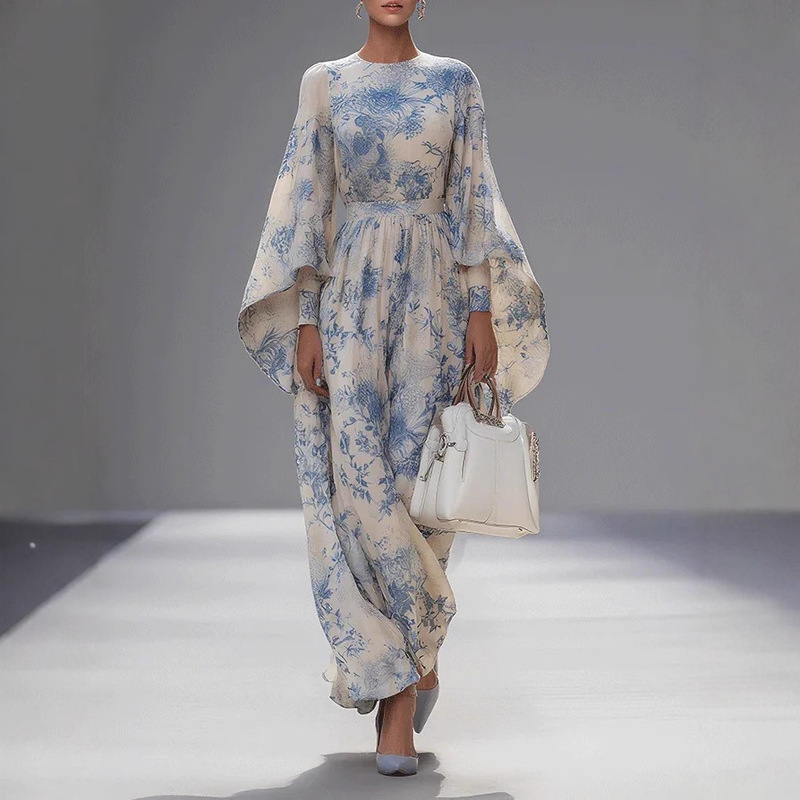 2025 European and American Clothing Amazon Digital Printing French High-Waist Slim Long-Sleeved Trumpet Sleeve Dress 2025 European and American Clothing Amazon Digital Printing French High-Waist Slim Long-Sleeved Trumpet Sleeve Dress