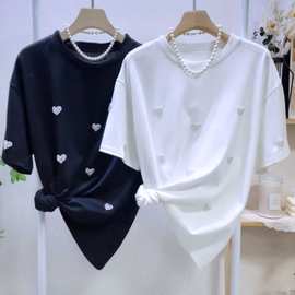 乘法 安全图片  韩国东大门代购时尚珍珠爱心圆领百搭短袖T恤