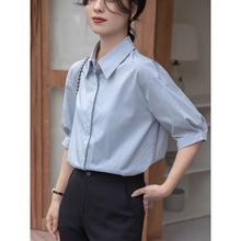 蓝色五分袖衬衫女夏薄款设计感百搭宽松中袖衬衣职业通勤面试上衣