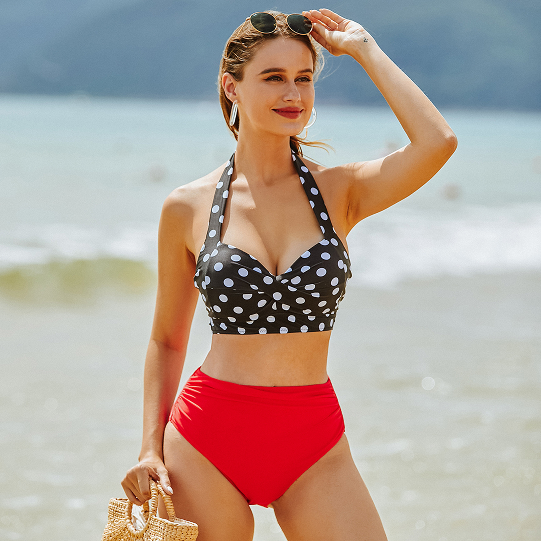 Women's High Waist Ruffle Bikini Set - Sexy Two-Piece Swimwear With Twist Front & Polka Dot Print, Quick Dry & Stretchy Fabric, Multiple Colors_ecoleips.com