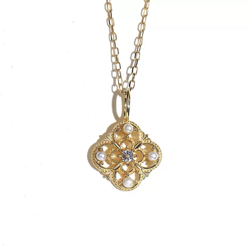 项链高级感配饰真18K金镶嵌珍珠宝石宫廷国风时尚轻奢女吊坠