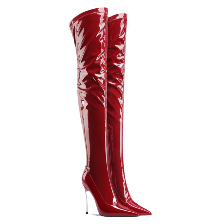 Autumn and Winter New Patent Leather Elastic Slim Boots ~ Pointed Toe Side Zipper Super High Heels Sexy Over-The-Knee Boots Extra Large Size