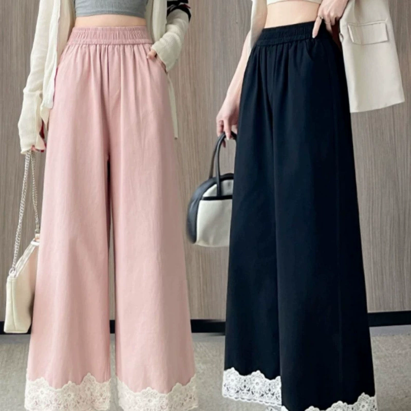 Летние милые повседневные укороченные брюки с кружевными вставками, прямые, облегающие, свободные, ретро, ​​уникальные широкие женские брюки.