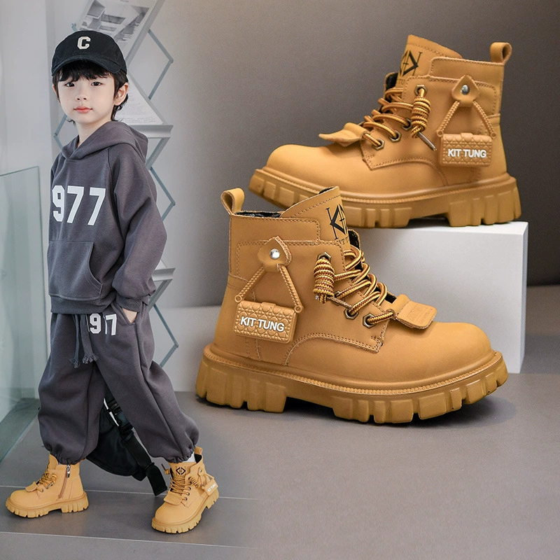 Ботинки Мартин для мальчиков, осень/зима 2025, новые детские ботинки на мягкой подошве, повседневные универсальные ботинки с флисовой подкладкой, желтые ботинки для мальчиков, оптом.