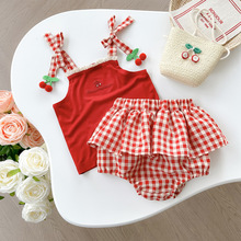 韩版婴儿衣服吊带夏装可爱套装女宝宝套装樱桃夏季包屁三件套薄款