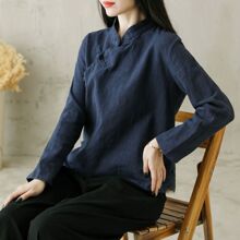 棉麻复古立领中式盘扣民国上衣春秋太极服禅意宽松大码衬衫茶服女
