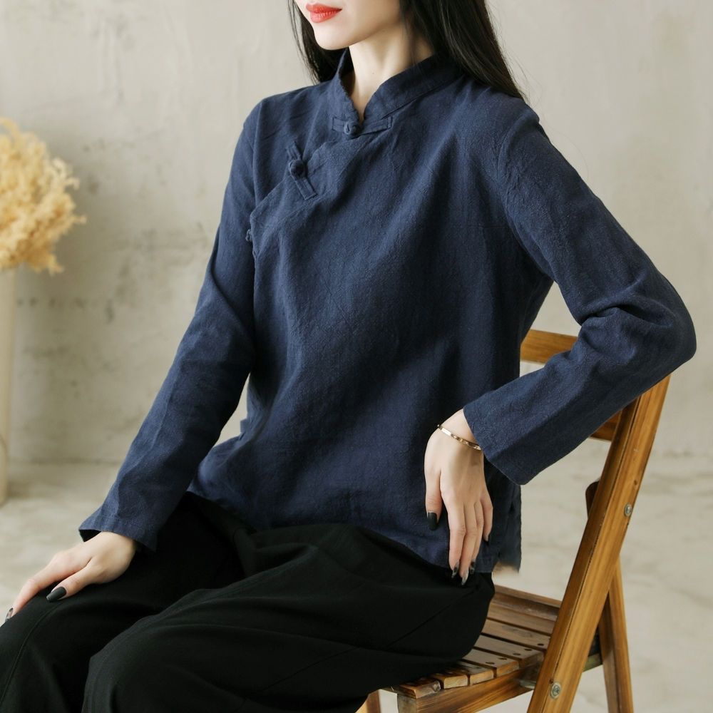 棉麻复古立领中式盘扣民国上衣春秋太极服禅意宽松大码衬衫茶服女
