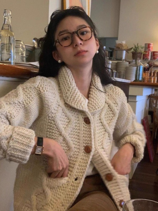 复古翻领重工麻花粗针毛衣女2025秋冬新款韩系简约休闲针织外套厚|undefined