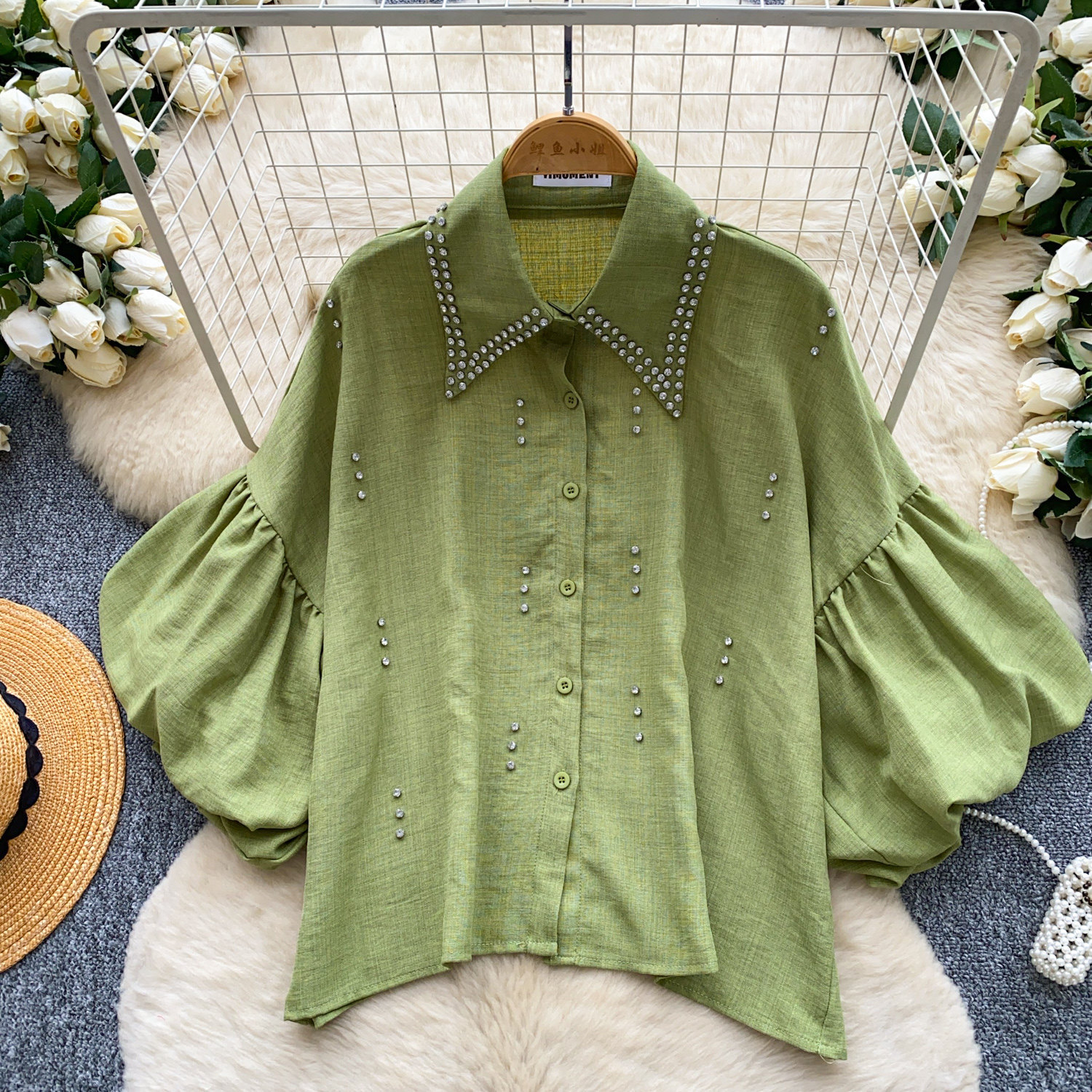 Women's French Style Rhinestone Blouse Summer Lantern Sleeve Cardigan Beaded Collar Loose Fit Versatile High End Top Heavy Duty_ecoleips.com