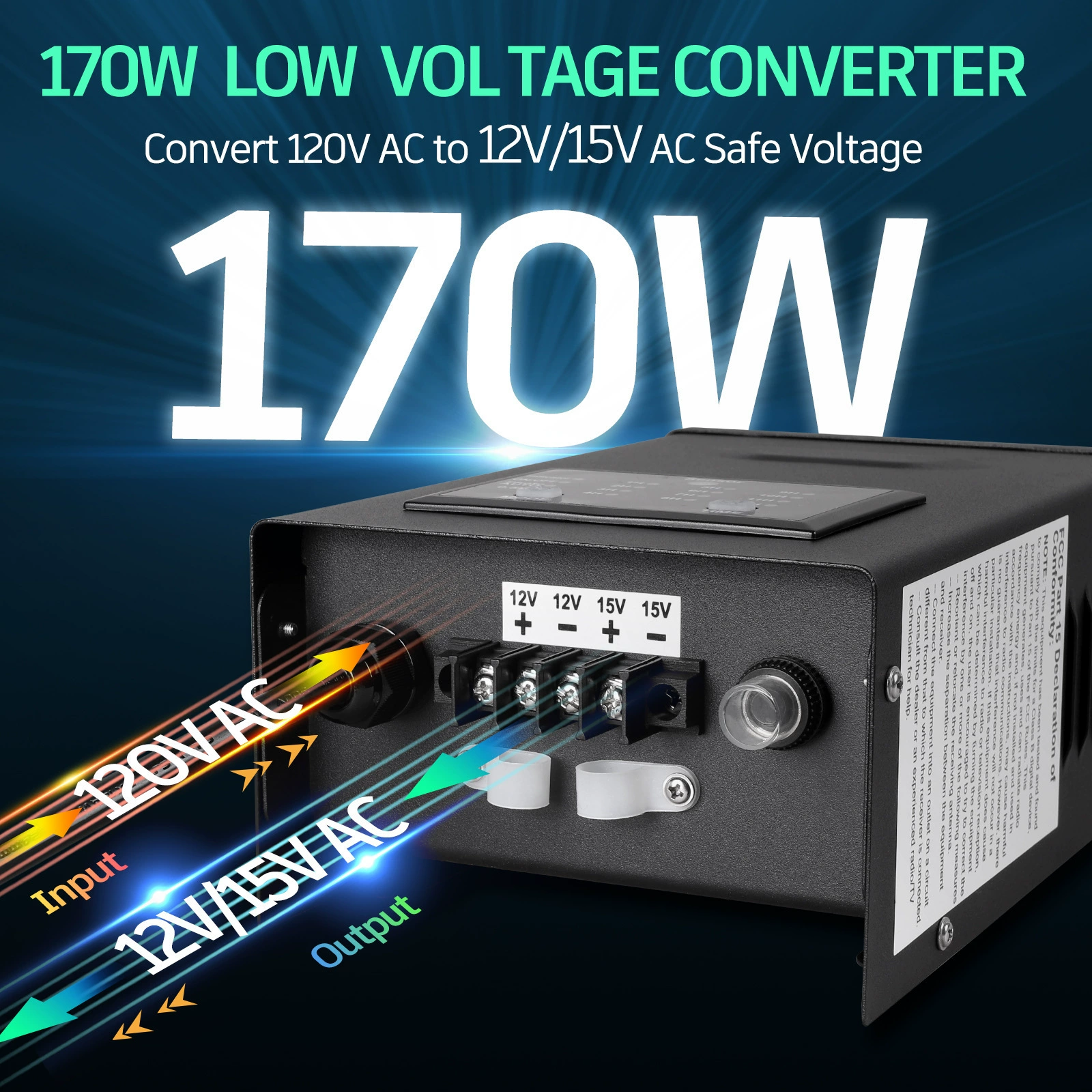 Низковольтный трансформатор 170 Вт, инвертор для уличного ландшафтного освещения, 120 В переменного тока на 12/15 В переменного тока, специальный водонепроницаемый однофазный.