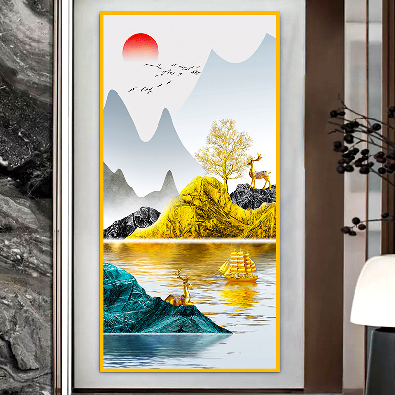 Pintura de entrada de pintura tradicional china Pintura de decoración del pasillo frente a la puerta Pasillo de nueve peces Pintura colgante de fondo de lujo ligero Pintura mural