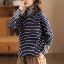 冬季新款 棉高领针织衫女时尚条纹显瘦套头衫休闲长袖上衣136