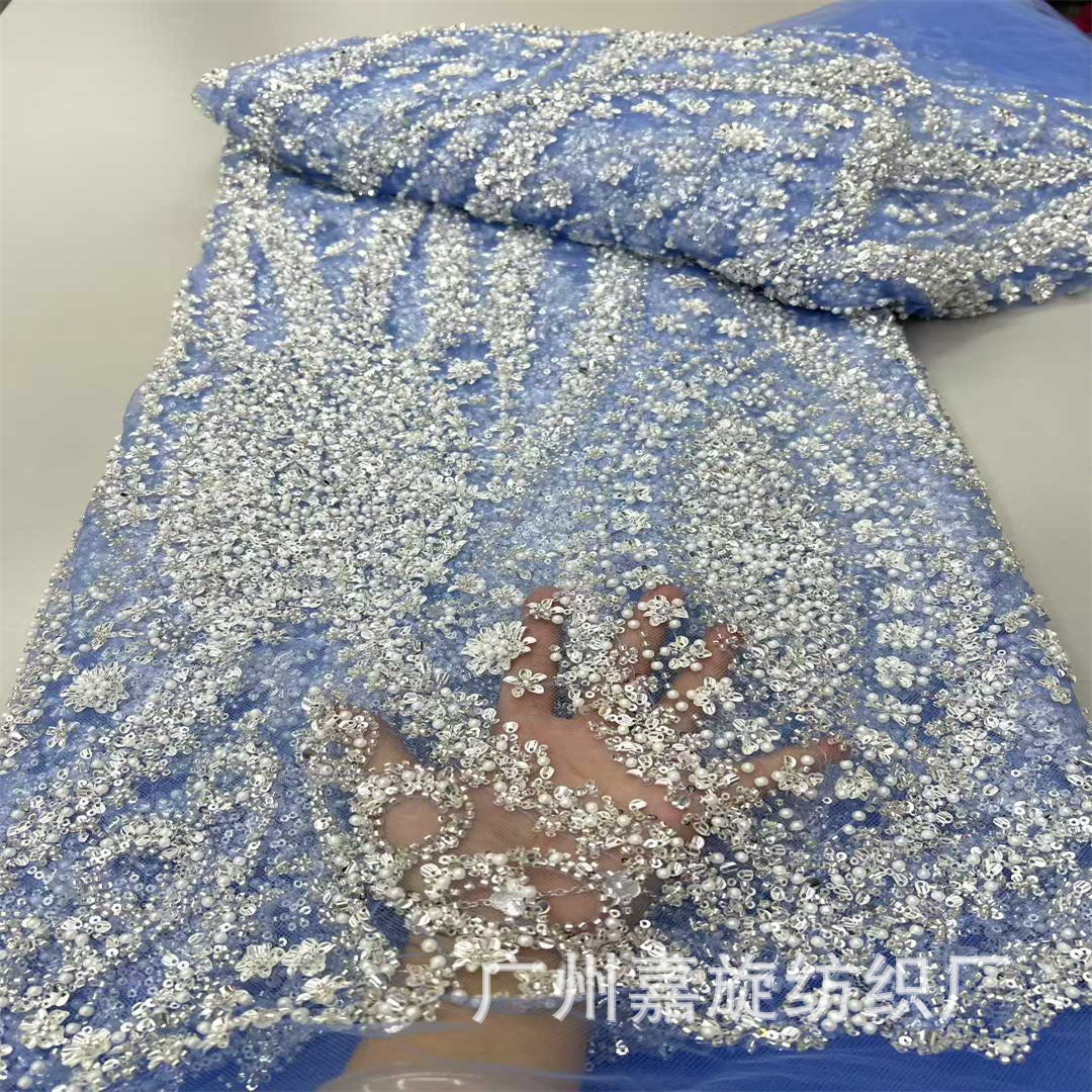 Vestido de novia africano de perlas de fabricación pesada tela de encaje de perlas de alta fijación ropa de moda de rendimiento tela de malla cuentas image 4