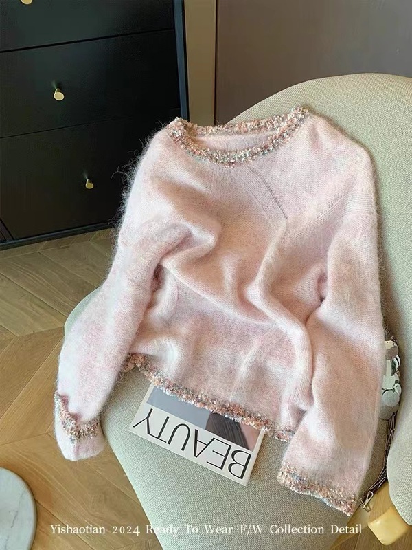 粉色拼接花边马海毛毛衣女2025秋冬新款温柔风慵懒软糯减龄针织衫|undefined