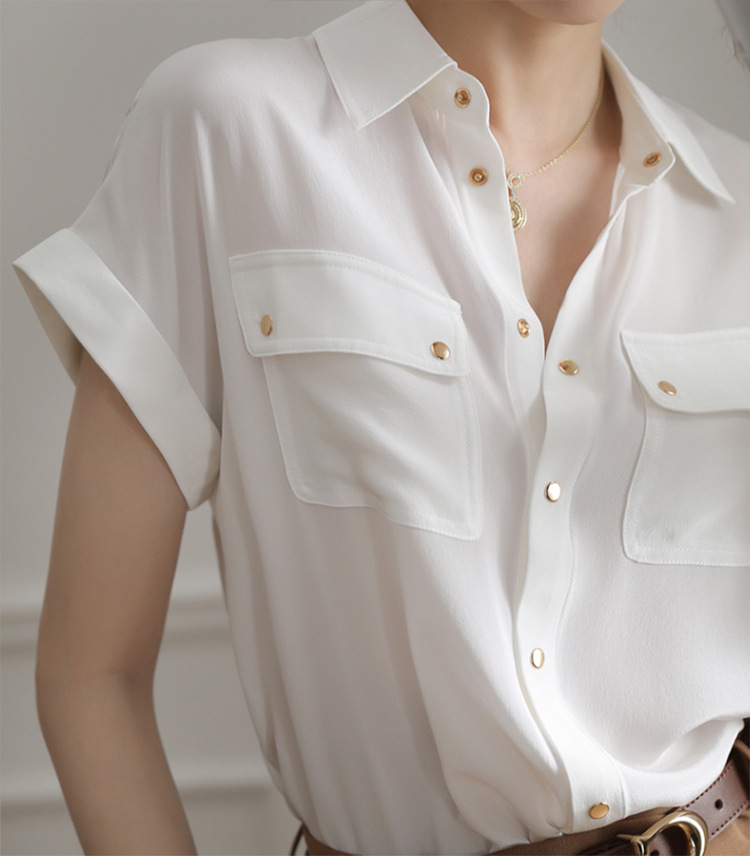 Áo sơ mi cổ polo nữ tay ngắn dáng rộng kiểu Pháp màu trắng — Màu trắng chi tiết 3