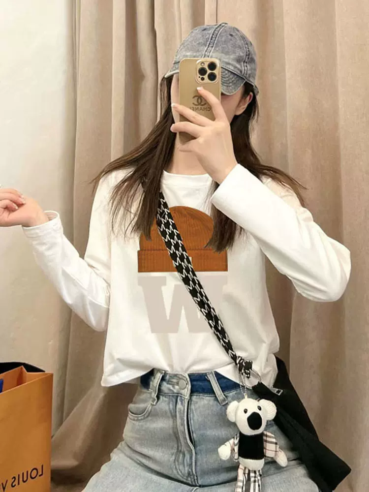 2025新款秋内搭短款打底衫高腰小众宽松圆领帽子长袖T恤女