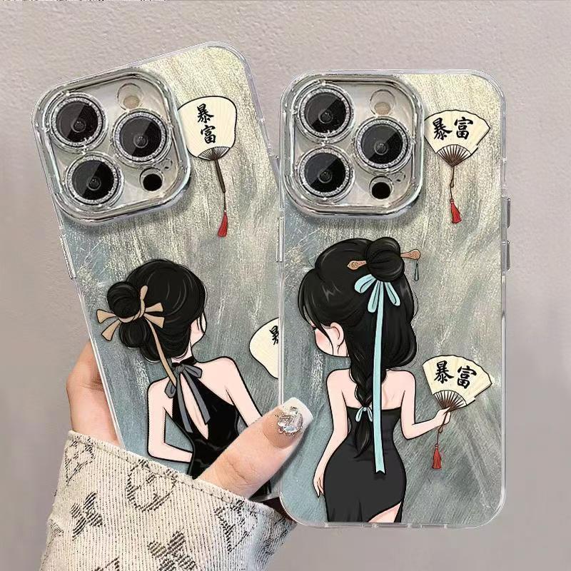 Maruko Girl Is Suitable for Apple 16 Fine Hole Feather Yarn Mobile Phone Case Iphone15 Lens Film 14/13/12/11Pr