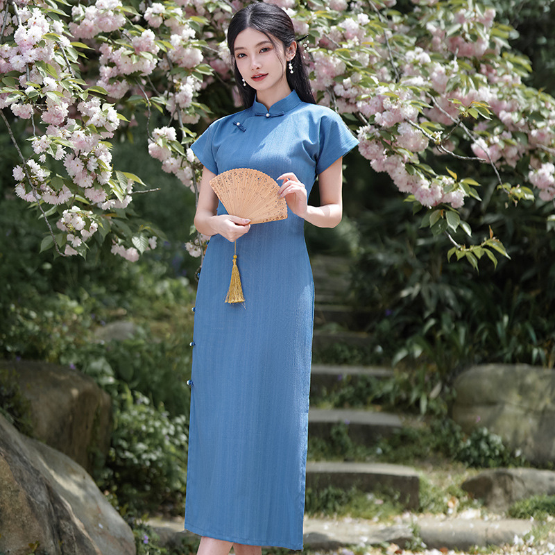 Spring and Summer New Style Vertical Striped Pearl Button Casual Dress Cheongsam Retro Literary Intellectual Style Republic of China Cheongsam