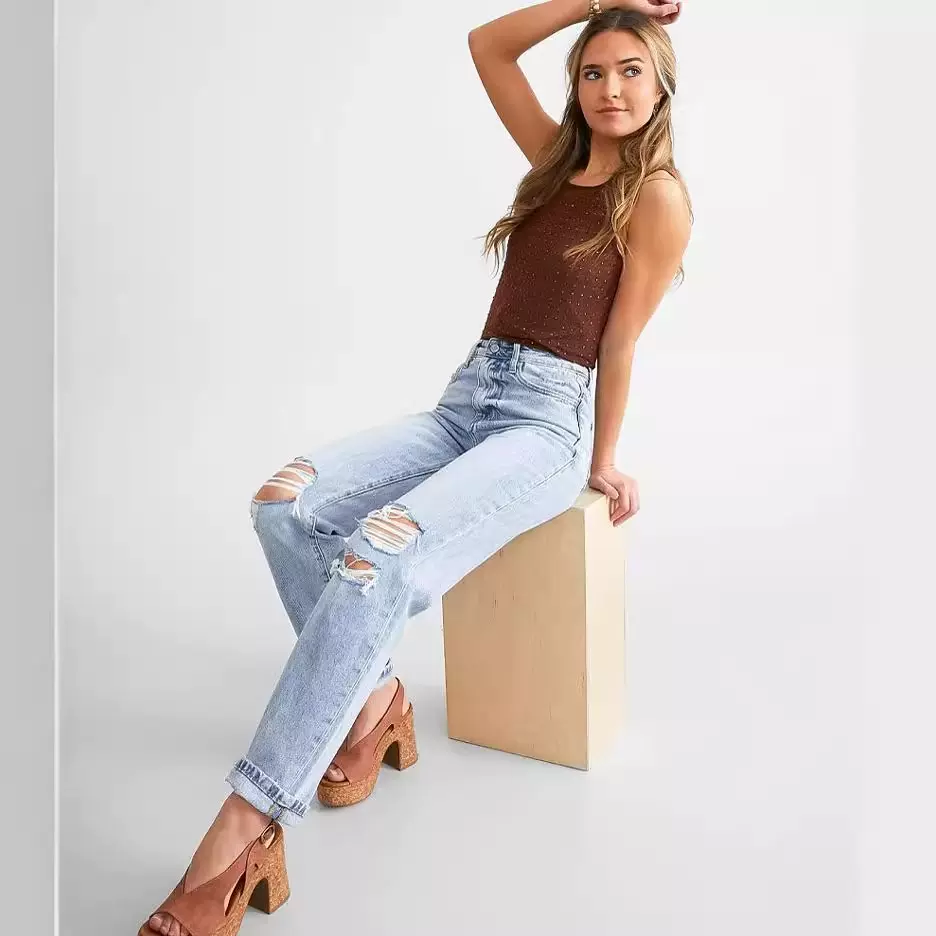 欧美女装牛仔裤2024新款春装亚马逊宽松高腰无弹直百搭筒裤欧美风