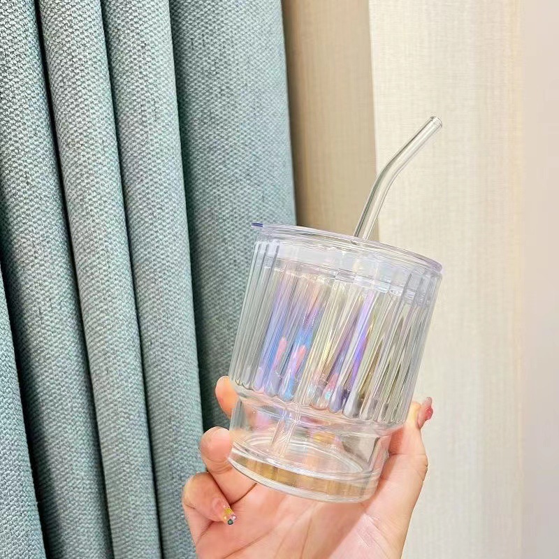 INS colorido taza de vidrio de bambú hembra de gran capacidad estudiante resistente al calor de alto aspecto con tapa hogar vidrio paja
