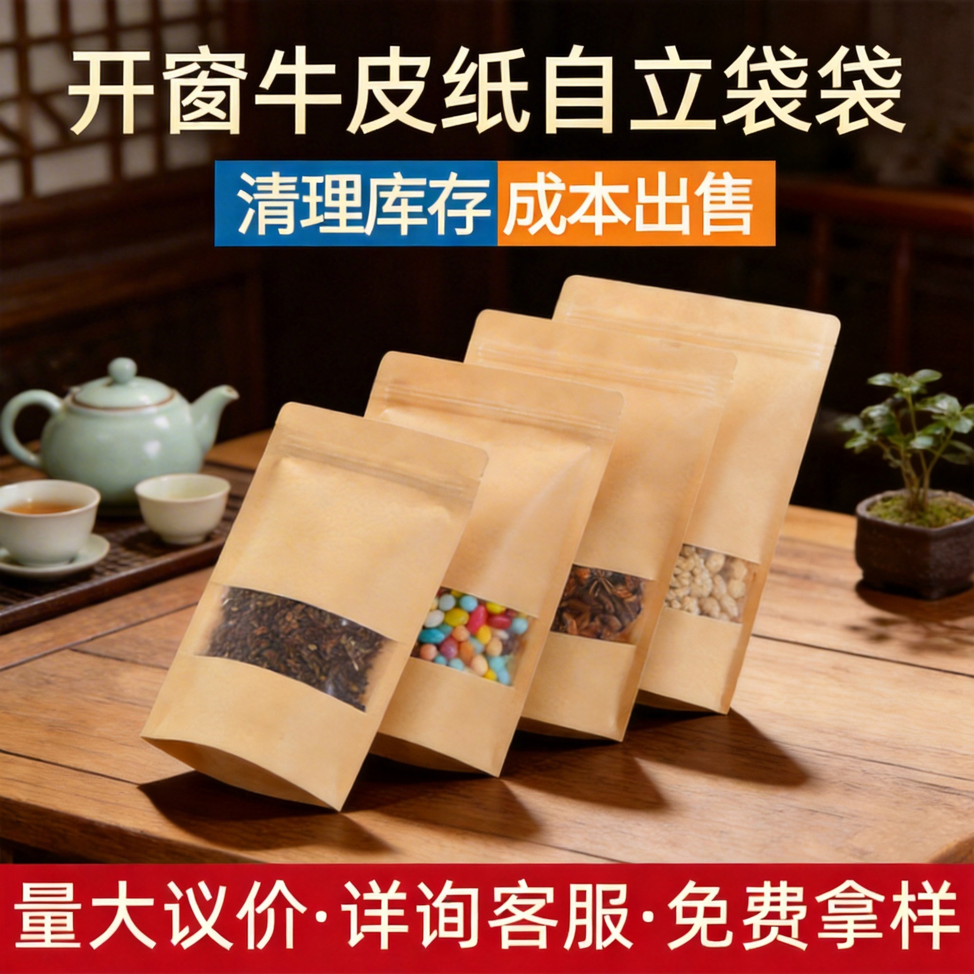 厂家现货开窗牛皮纸袋茶叶坚果包装袋牛皮纸自立自封袋干果密封袋