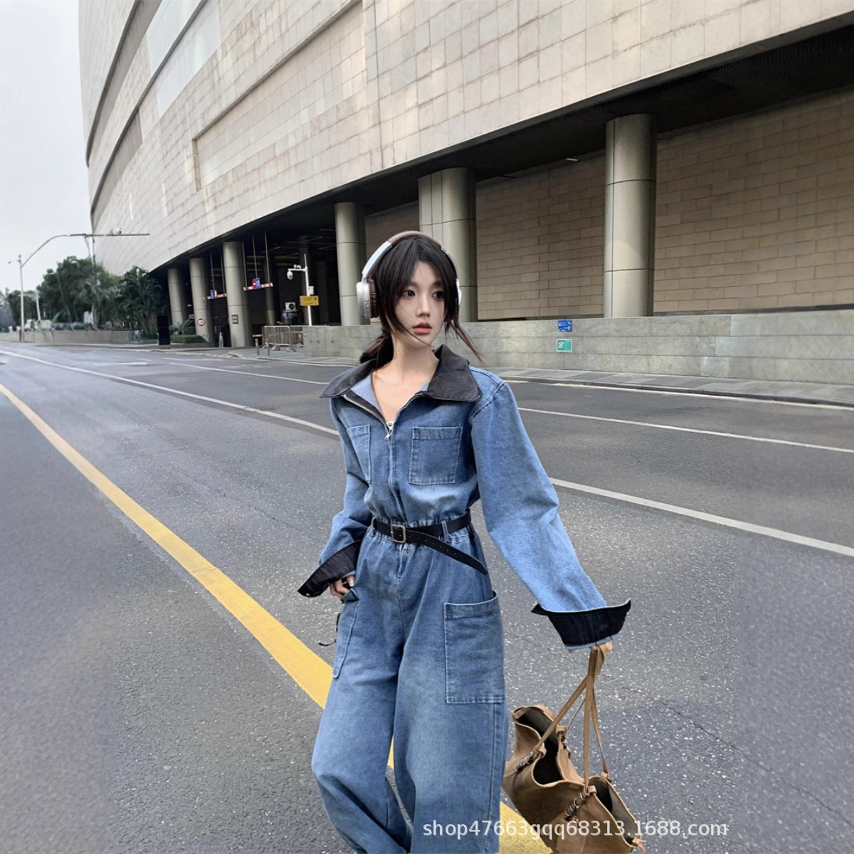 复古拉链款长袖牛仔连衣裤女2025秋新款韩版休闲时尚阔腿连体长裤