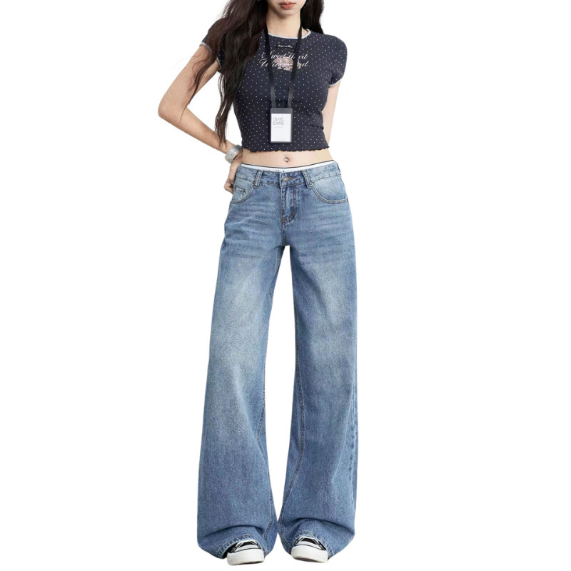 Custom OEM/ODM American-style jeans from the denim factory, low-waisted, sexy, with star embroidery, loose, floor-length, slimming pants Custom OEM/ODM American-style jeans from the denim factory, low-waisted, sexy, with star embroidery, loose, floor-length, slimming pants