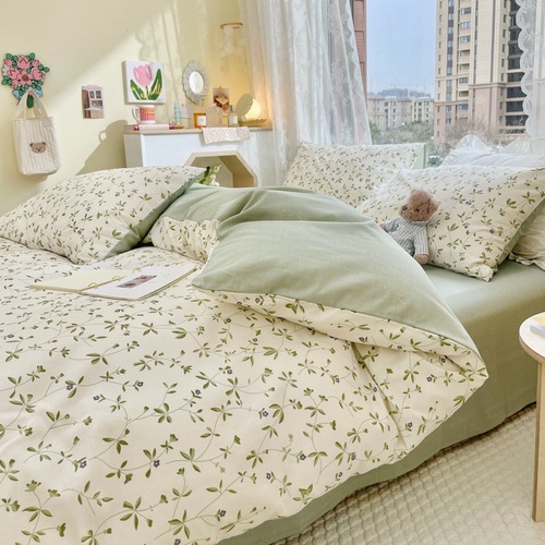 ins style 40 count bed four piece set pure cotton wholesale cotton quilt cover sheet bed sheet three piece student dormitory set