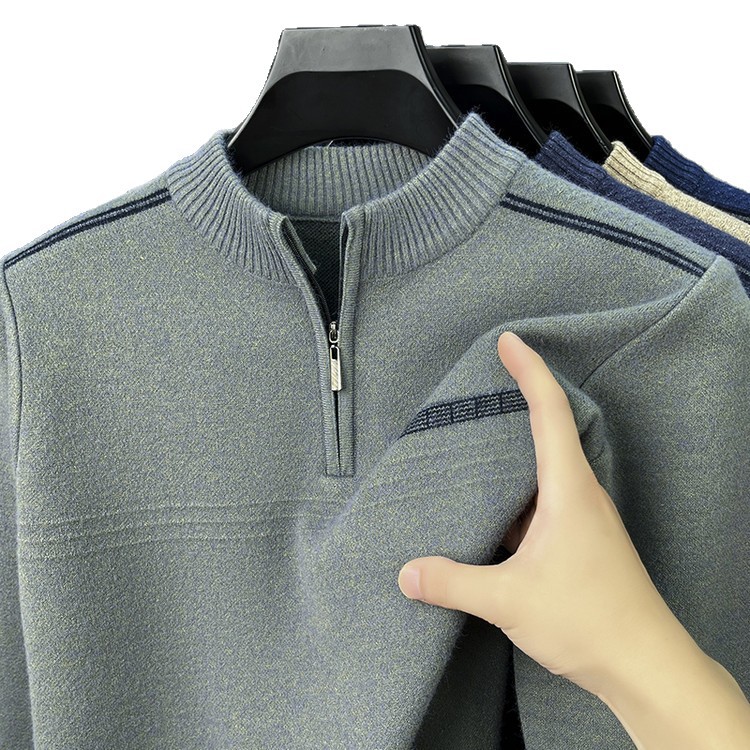 Otoño y invierno nuevo hombre medio cuello cremallera camiseta de punto de moda casual calentamiento suéter de manga larga camiseta de punto
