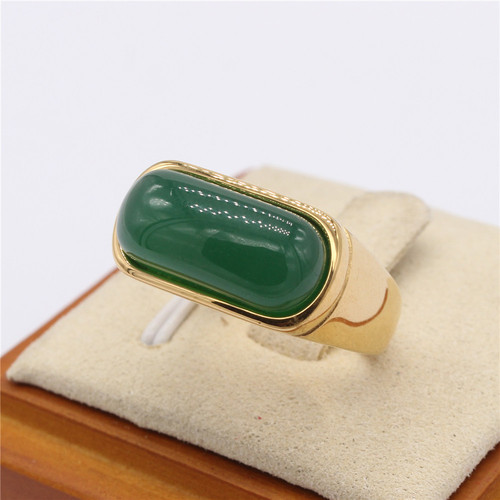 R0892-NK09 Jadeite Green Ring with Emerald-encrusted Gold Hoop Band, Saddle-shaped Ring with Emerald Stone Face and Gold Accents
