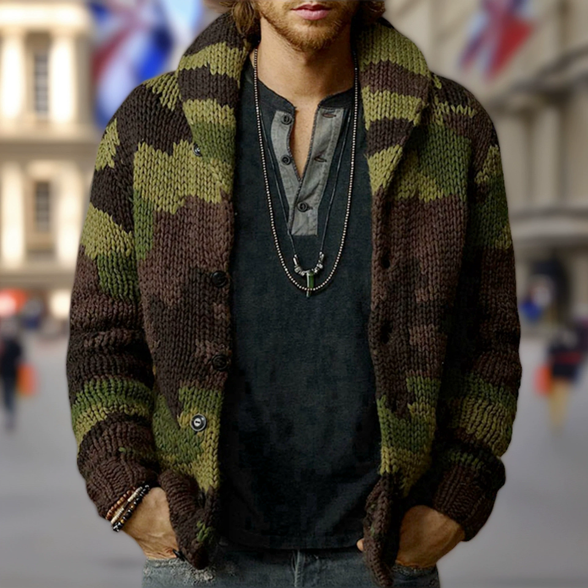 Внешняя торговля Новый Мужской осенне-зимний Камуфляжный жаккардовый свитер с лацканами Slim Fit шерстяная куртка Пальто мужское SY0036